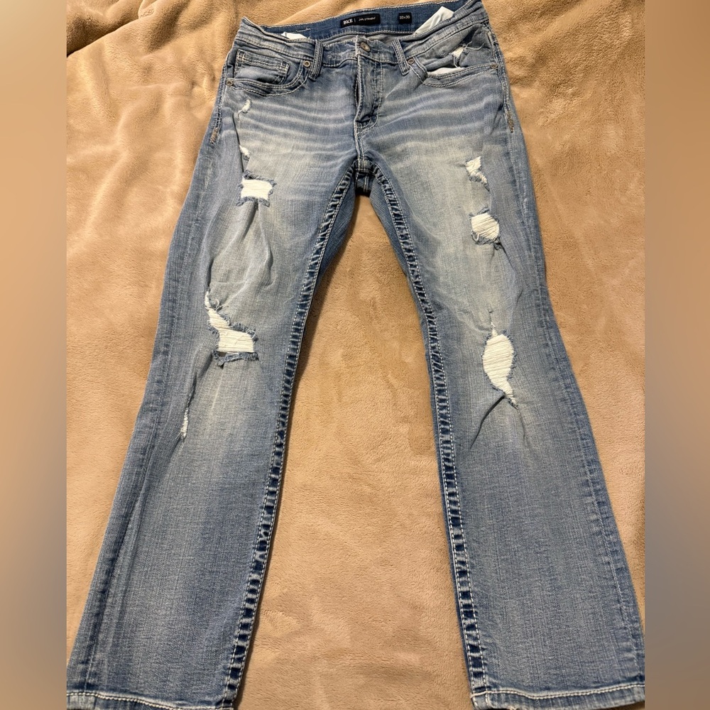 BKE Light Blue Distressed Jake Straight Leg Jeans